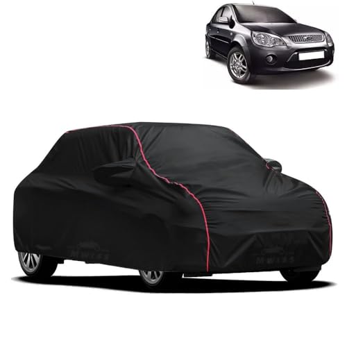 Image of Waterproof Car Cover for Ford Fiesta Classic | All-Weather Protection, Dustproof & UV Resistant | Triple Stitched Mirror Pockets, Windproof Buckle Strap with Elastic Hem, Black-Red Piping