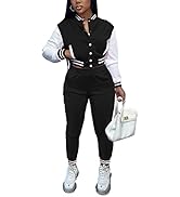 qfmqkpi Women Casual Varsity Jacket Sweatsuit Patchwork Button Down Jackets Pants 2 Pieces Tracksuit