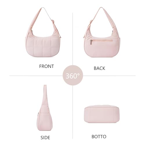 Image of Small Puffer Bag, Crescent Shoulder Bag for Women,Nylon Quilted Tote Handbags with Adjustable Strap (Pink)