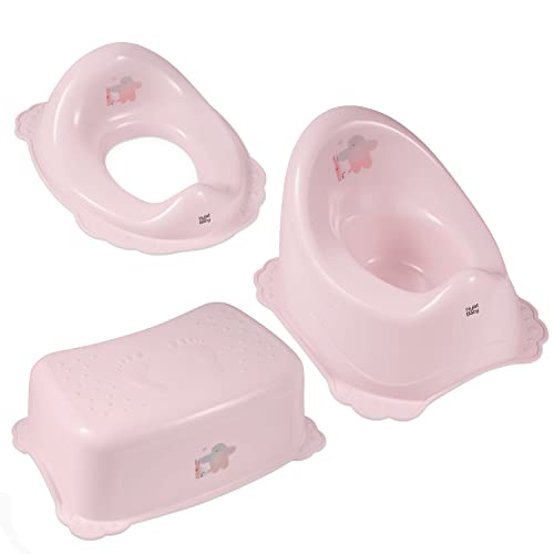 Pot + tabouret de marche + siège de toilette pour enfants, pour l'apprentissage des couches et des toilettes, matériau solide, caoutchouc antidérapant couleur:rose, motif:Friends Cover