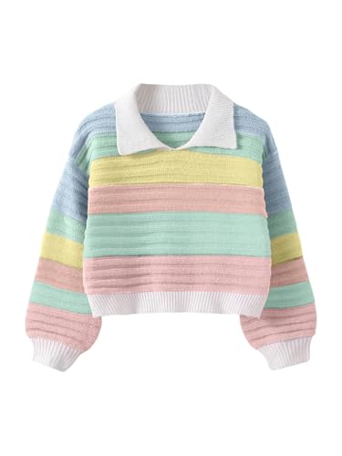 Image of SweatyRocks Girl's Colorful Striped Sweater Collared Colorblock Long Sleeve Loose Pullover Top