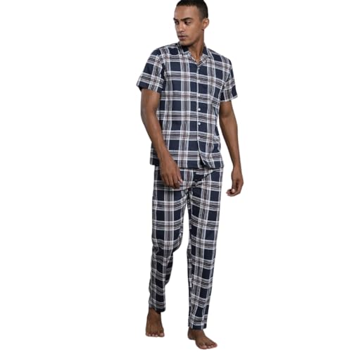 Image of The Indian Garage Co Men Regular Fit Checkered Pant & Shirt Lounge Set