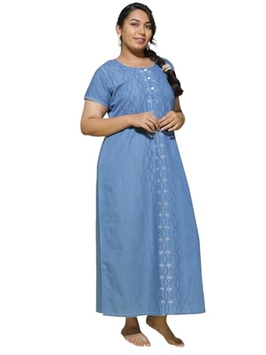 Image of 9shines Label Stylish Denim Cotton Nighty Maxi for Women | Full Length Trendy Nightgown | Premium Nightdress | Nightwear | Embroidery Nighty with Pocket (9SDS)