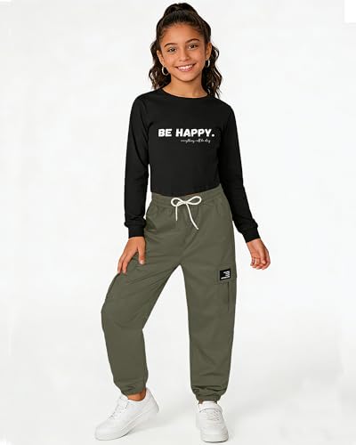 Image of Betusline Girls Fall Winter Clothing Sets, Long Sleeve Crop Top & Cargo Jogger Pants 2 Piece Outfit Sets,4T-14Y