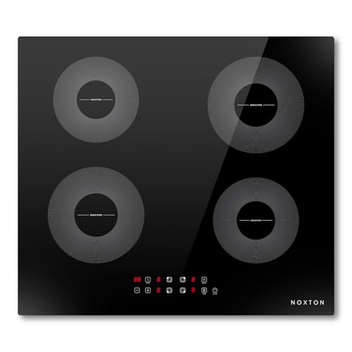 NOXTON Placa de inducción 4 fuegos, 60 cm, Función de boost, Control táctil, Bloqueo de seguridad para niños, 9 niveles de potencia, Apagado automático, 220 V ~ 240 V, 7200 W, Sin enchufe.