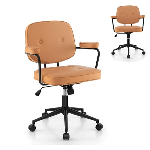 CASART PU Leather Desk Chair, Height-Adjustable Swivel Task Chair with Rocking Backrest, Padded Armrest & Button-Tufted Decoration, Orange Rolling Chair Leisure Chair for Home Office Bedroom