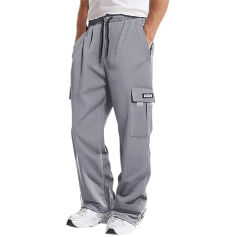 GYMBULLFIGHT Men's Cargo Sweatpants Loose Fit Pants Joggers for Men with Pockets, Open Bottom Drawstring Grey Cover