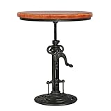 BOKKOLIK 18-24inch Height Adjustable Farmhouse Bar Table with Crank Handle Vintage Small Side Table for Living Room Industrial Round Coffee Table with Wooden Tabletop