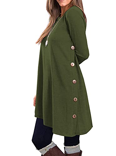 KORSIS Women's Long Sleeve Round Neck Button Side T Shirts Tunic Dress Army Green XXL