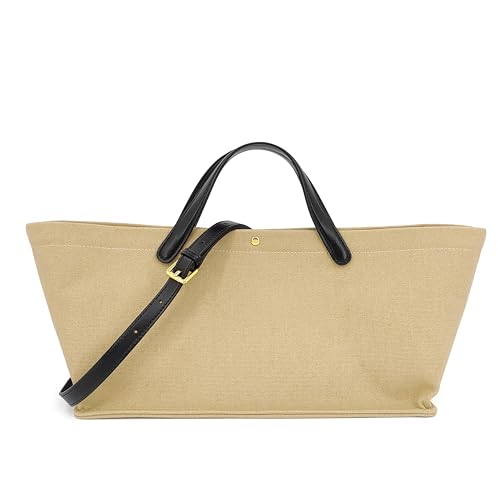 Women’s Beige Canvas Tote Bag with Leather Strap – Convertible Boat-Shaped Handbag | Crossbody, Shoulder, or Top Handle Purse | Chic & Versatile Everyday Bag - Main Image