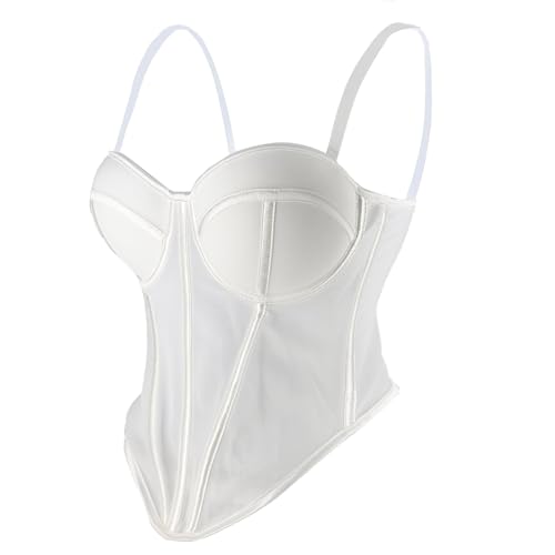 ELLACCI Women's White Mesh Corset Top with White Trim Spaghetti