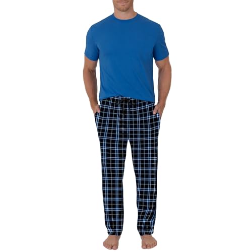 Fruit of the Loom Men's Fleece Sleep Pant and Knit Top Sleep Set, Blue Plaid, 5X-Large