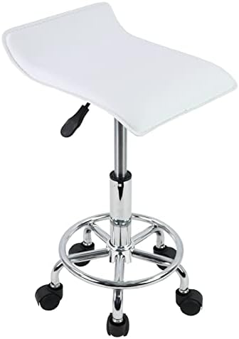 KKTONER Square Height Adjustable Rolling Stool with Foot Rest PU Leather Seat Cushion Spa Drafting Salon Tattoo Work Swivel Office Stools Task Chair Small (White)