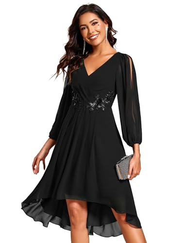 Ever-Pretty Women’s Chiffon Lantern Long Sleeves Pleated Appliqued Empire Waist Midi Length Semi Formal Dresses 02926
