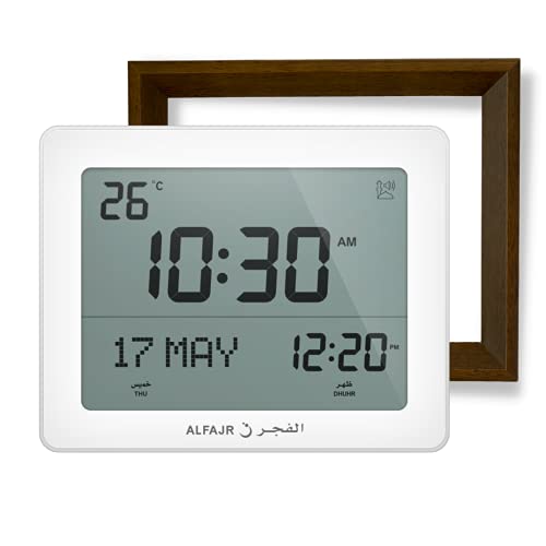 ALFAJR Alfajr Automatic Worldwide Digital Azan/Athan/Nimaz Prayer Wall and Desk Clock CF-19 (White) with Detachable Frame (Dark Brown)
