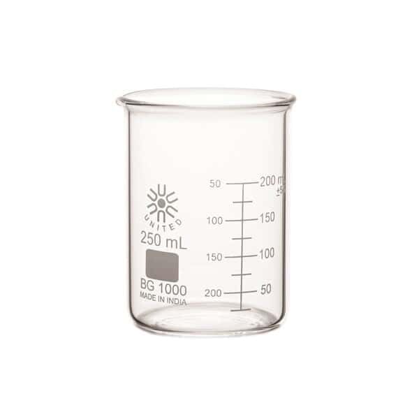 United Scientific BG1000-250 Borosilicate Laboratory Grade Glass Beakers, Griffin Low Form Beaker, Graduated with Spout, Designed for Laboratories & Chemistry Classrooms, 250mL (Pack of 12)