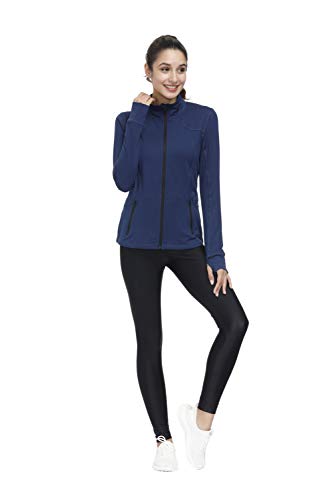 Dolcevida Women’s Lightweight Full Zip Active Wear Workout Yoga Track Jackets Athletic Running Jacket Top with Zip Pockets and Thumb Holes (Navy, M)