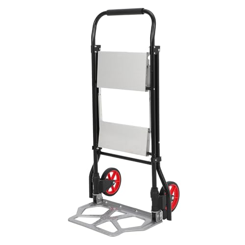 2-in-1 Hand Truck 2-Step Ladder, 220 LBS Load Capacity Folding Hand Truck Dolly with 2 Wheels, Portable Step Stool with Extra Wide Non-Slip Pedal, Multi-Use Ladder Cart for Household, Kitchen, Office