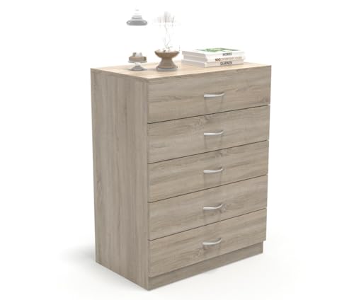 DORMIDAN - Cómoda 5 cajones guías metálicas, habitación Dormitorio, Armario con cajoneras. (Roble)