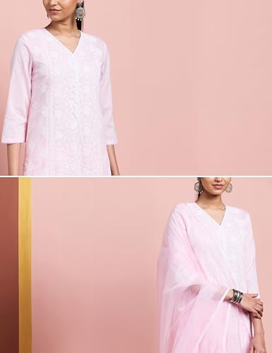 Image of Amazon Brand - Myx Women's Pure Cotton Embroidered Kurta Set with Dupatta (Available in Plus Sizes)