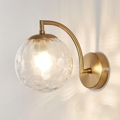 OEUBEQ Aplique de pared, lámpara de pared dorada, aplique de pared de metal de diseño simple nórdico, accesorio de iluminación de pared de globo, vidrio transparente lechoso, luz interior