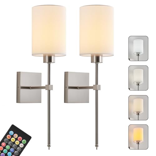 Image of KARTOOSH Battery Operated Wall Sconce Set of Two, Wireless Rechargeable Wall Light with Remote Control, Dimmable, 4 Color Temperatures, RGB, Timer, for Living Room,Bedroom,Entryway, Nickel, 20.6 Inch