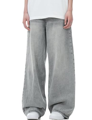 Mens Baggy Jeans Y2k Hip Hop Streetwear Pants Wide Leg Skater Denim Pants Vintage Grey Jeans Trousers