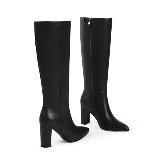 Image of Modatope Knee High Boots Women Pointed Toe Boots Chunky Heel Side Zipper
