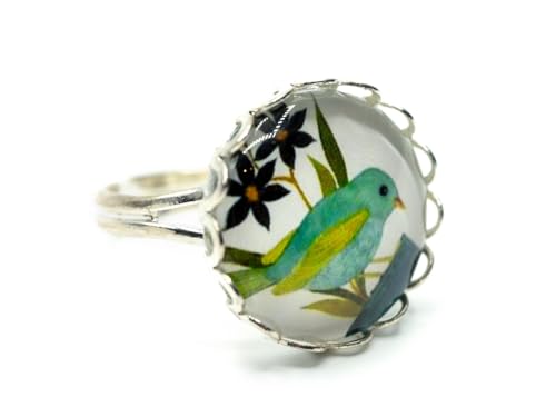 Bague cabochon oiseau plumes mouches argent ajustable fait main
