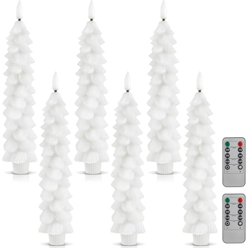 Image of Funtery 6 Pcs LED Christmas Tree Flameless Taper Candles Real Wax Battery Operated Candlestick Lights with 3D Flame and Remote Timer Window Fireplace(White,Christmas Tree)