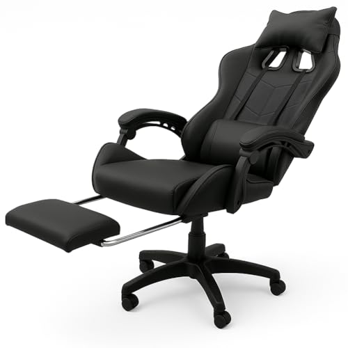 Sedia Poltrona Gaming Scrivana Ufficio Casa in Ecopelle Schienale Reclinabile Cuscino Lombare Poggiatesta Rotazione 360 Gradi Direzionale Altezza Regolabile 5 Ruote con Poggiapiedi (Black) - Sedia gaming