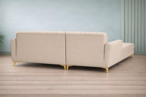 Image of Adorn India Premium Luster 6 Seater L Shape Sofa Set | Velvet Suede Fabric | 3-Year Warranty | LHS |Color Cream with Golden Legs & Striped Pattern Cushion