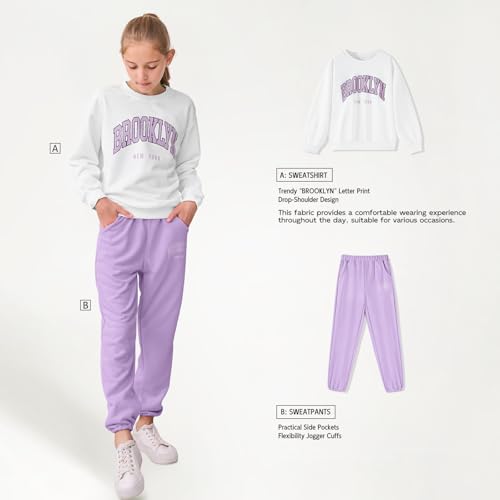 Image of DREAM BUS Girl Letter Print Clothes Drop Shoulder Sweatshirt and Pants with Pockets for Girls Tween Girl Fall Pants Set