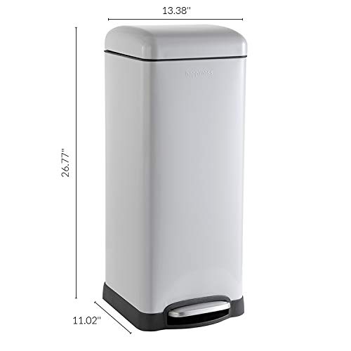 Image of happimess Betty 8 Gal Step Trash Can Soft-Close Lid, Gloss Gray | Fingerprint Resistant, Removable Liner, Semi-Rectangular, Steel Pedal, Iron Powder Coated, 27 inch Height, Non-Skid Base