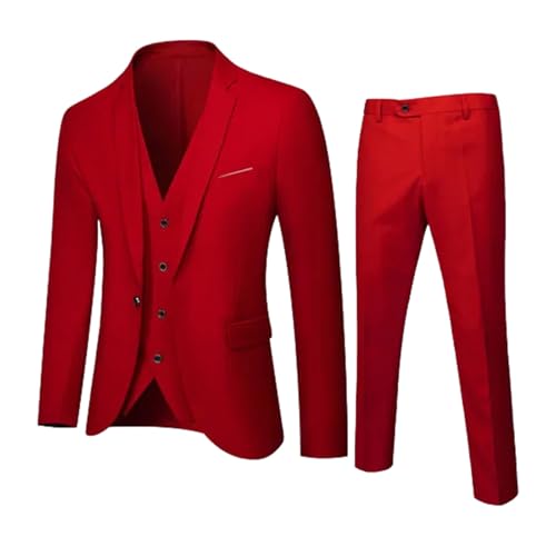 Men Slim Single Breasted 3 Pieces Wedding Party Office Blazers Coat Trousers Set Red