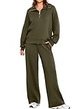 Glamaker Conjunto de 2 piezas de forro polar para mujer, traje de entrenamiento para viajes, aeropuerto, media cremallera, pierna ancha, chándal Air Essentials, Verde militar, Small