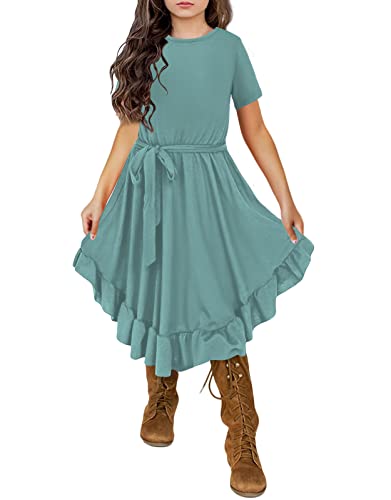 Kymidy Girls Short Sleeve Swing Dress Kids Ruffle Loose Casual Twirl Belted Dresses With Pockets For Girls, Teal, 12 Years #TOP1