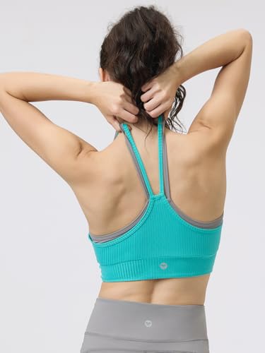 Image of AARYA Women's Ribbed Colorblock Sports Bra Medium Support Yoga Crop Top with Removable Pads Lounge & Light Workouts