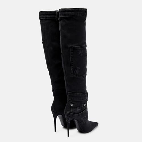 Vertundy Denim Knee High Boots For Women Pointed Toe Stiletto Heel Jeans Boot With Pockets Rivets Winter Riding Boots2