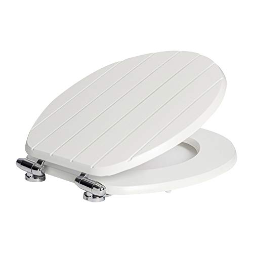 Harbour Housewares Soft Close Toilet Seat - White - Pack of 1 - Oval-Shaped Wooden Toilet Seat Antibacterial Loo Lid with Universal Chrome Hinges, Fixings & Fittings
