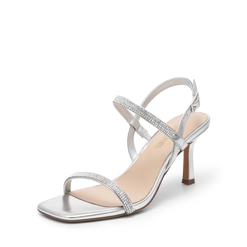 DREAM PAIRS Womens Slingback Heels Square Open Toe Strappy Sandals Ankle Strap High Heeled Dressy Shoes 7 Silver-rhinestone