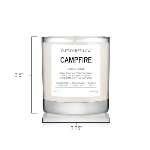 Outdoor Fellow Campfire Scented Candle, 8oz, Coconut & Apricot Wax Blend, Sandalwood, Smoked Amber, Charred Cedarwood, Reusable Glass, 40-50 Hour Burn Time