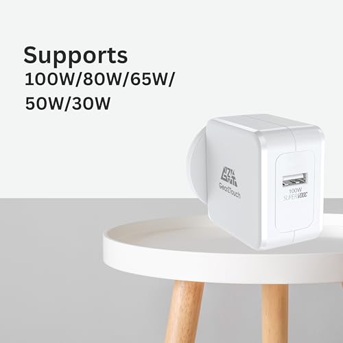 Image of GEARZTOUCH 100W SuperVOOC Power Adapter with Red Cable- Ultra Fast SuperVOOC Quick Flash Charger Compatible with 12 /12R /11 /11R /10 /10R, Nord CE 3 Lite 5G, Nord 2T 5G, Nord CE 2 Lite 5G, Nord 5G(White)