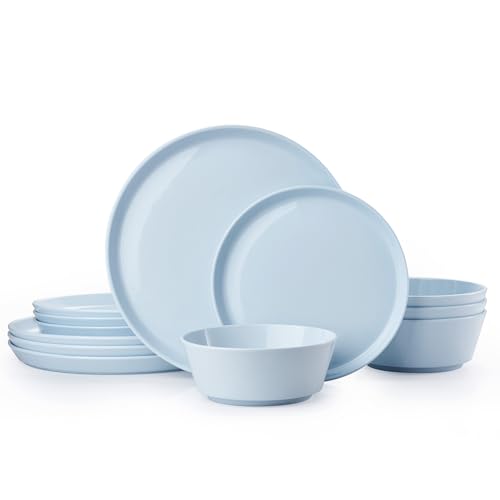 Image of KINGSTONE 12-Piece Bone China Dinnerware Sets, Sky Blue | Lightweight Plates & Bowls Set | Straight Rim Bowl Dinner Set | Scratch Resistant | Microwave & Dishwasher Safe | Serves 4