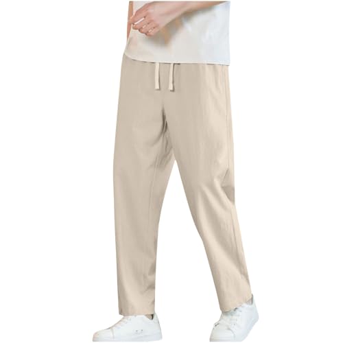 Drawstring Trousers for Men Pockets Elastic Waist Solid Color Pants Breathable Loose Fit Leisure Long Trousers