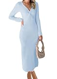 RAISECOM Womens Ribbed Knit Maxi Dresses Long Sleeve V Neck Casual Sweater Dress Bodycon Midi Dress Light Blue