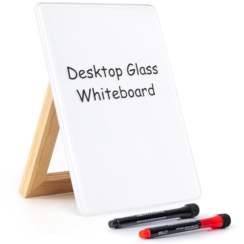 ARCOBIS Desktop Glass Whiteboard with Reversible Solid Wood Stand, 24 x 17.5cm Small Glass Dry Erase Board with 2 Markers, Desk White Board Easel, Glass Notepad for Office, Home