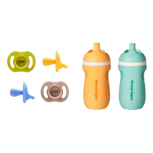 Image of Tommee Tippee Ultra-Light StayPut Pacifier 6-18 Months, One-Piece Silicone Design & Tommee Tippee Insulated 9oz Toddler Water Bottle, No Spill, Sippy Cups for Toddlers 1-3 Years, BPA Free, Pack of 2