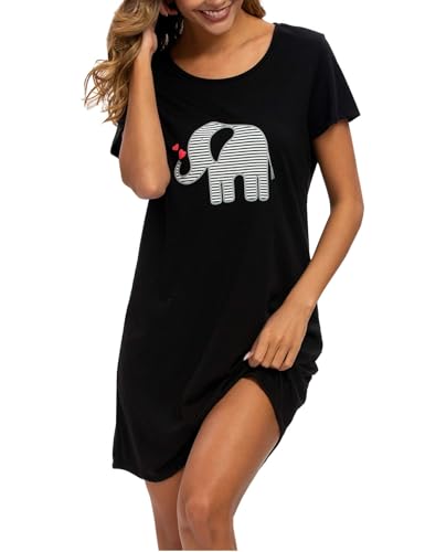 ENJOYNIGHT Camisón de verano para mujer, camiseta de dormir de algodón impreso, manga corta, camisón para mujer, ropa de dormir, Negro , XL