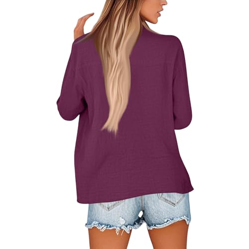 Autumn Cardigan Linen Shirts for Women Long Sleeve Buttons V Neck Boho Tops Solid Color Casual Blouses4